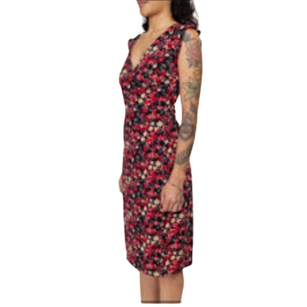 Necessary Objects Wrap‎ Dress Floral Print Red Pink Yellow Cap Sleeve Midi